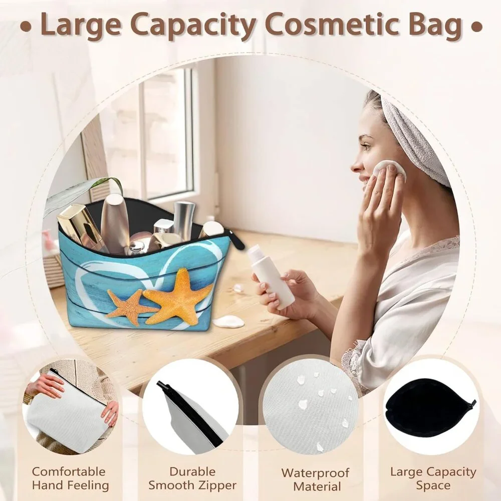 Beach Starfish Cosmetic Bag Coastal Blue Wooden Makeup Bags,Travel Make up Bags - Picture 4 of 8